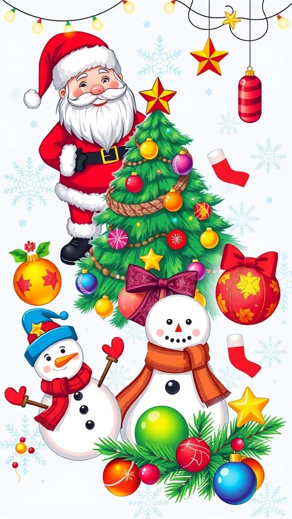 A collection of Christmas vector illustrations including Santa Claus, Christmas tree, snowman, and ornaments.